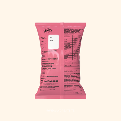 Pink packet of Ratlami Sev with text and nutrition information on a white background