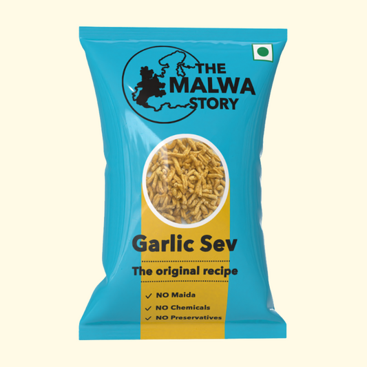 Packaging of 'The Malwa Story' Garlic Sev with blue and yellow design on a beige background