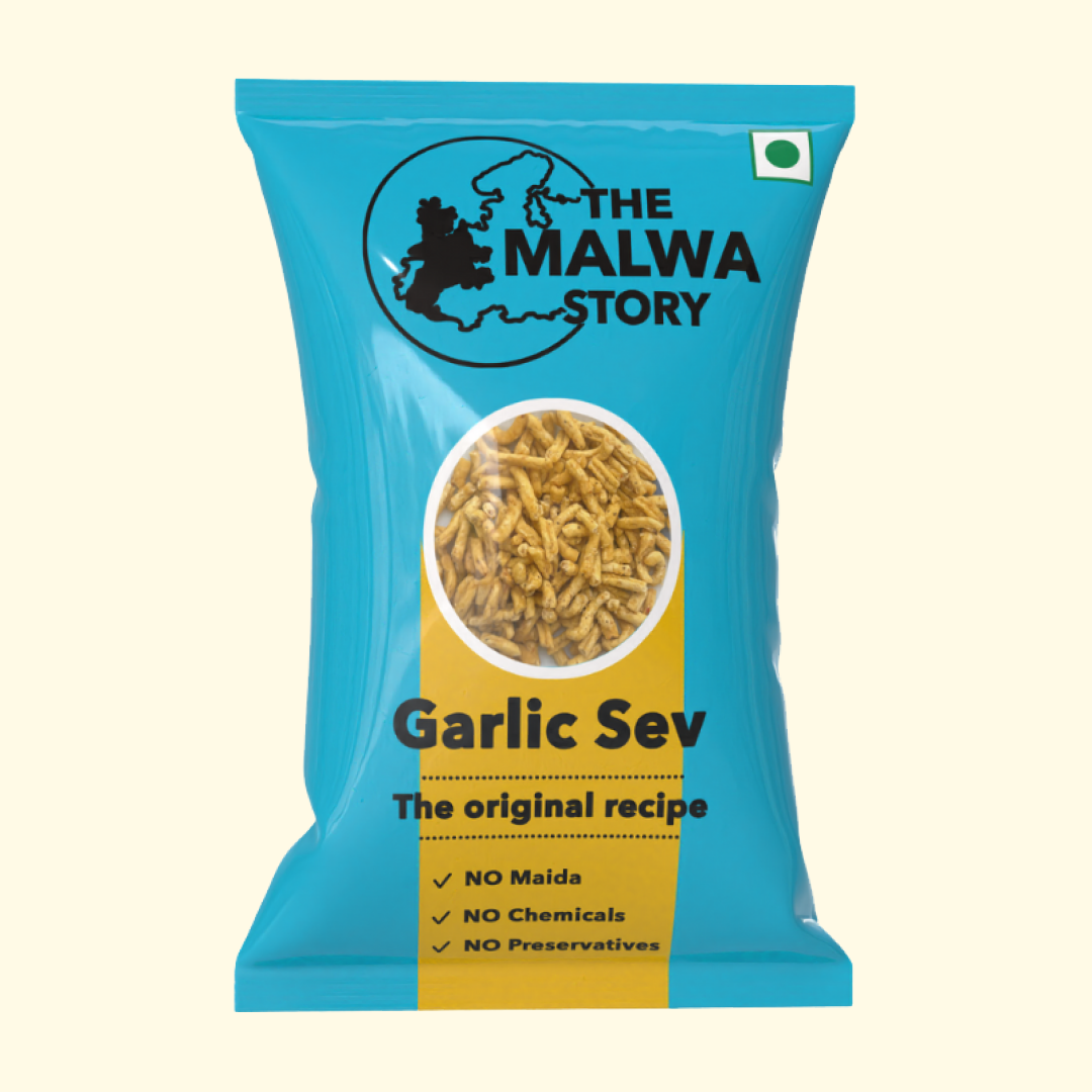 Packaging of 'The Malwa Story' Garlic Sev with blue and yellow design on a beige background