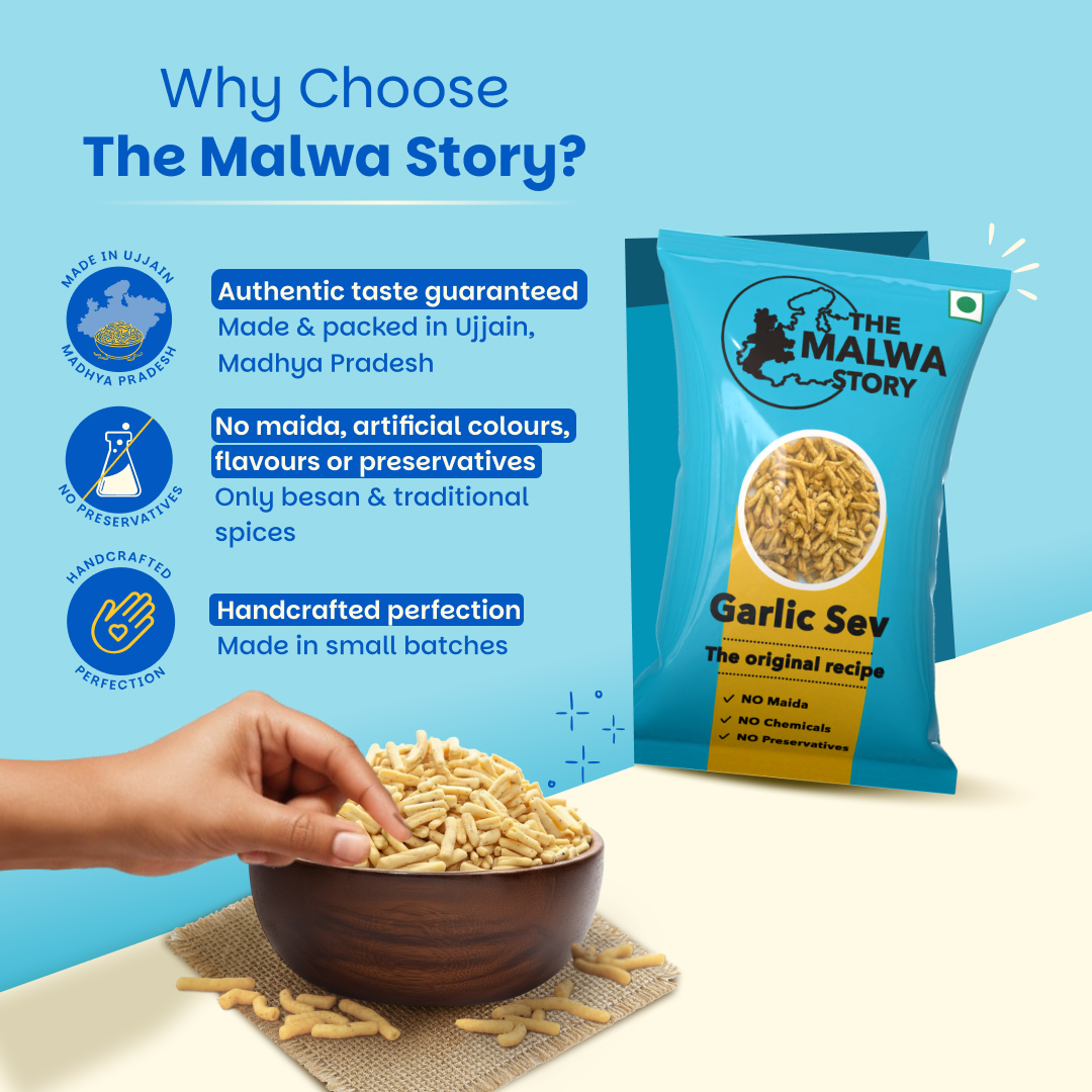 Garlic sev package with hand reaching for a bowl of garlic sev on a blue background