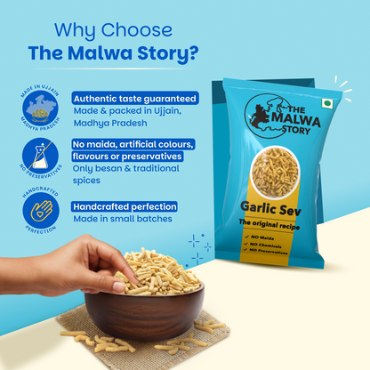 Garlic sev package with hand reaching for a bowl of garlic sev on a blue background