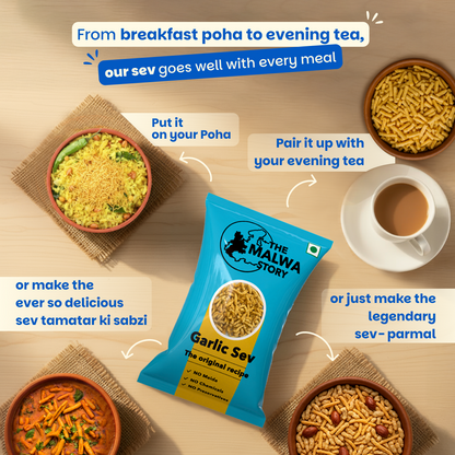 Garlic sev packaging with various meal suggestions on a wooden surface