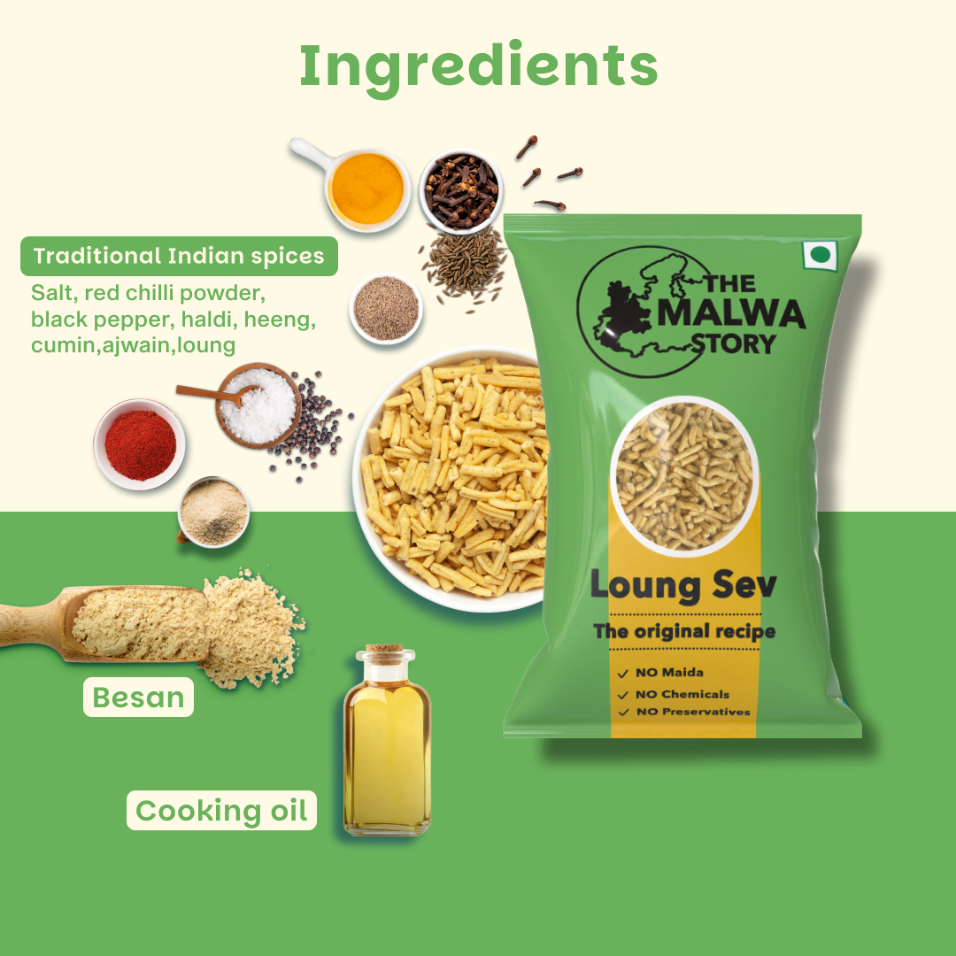 Loung Sev packaging with ingredients on a green background