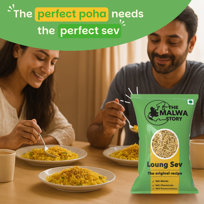 Two people enjoying a meal with a package of 'The Malwa Story' Loung Sev in the foreground.