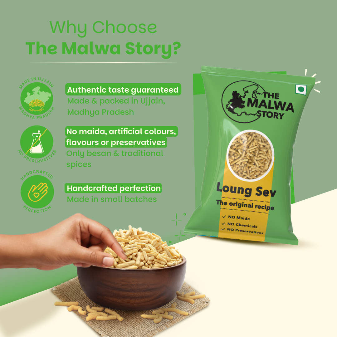 Green packaging of 'The Malwa Story' with a bowl of Loung Sev on a light green background