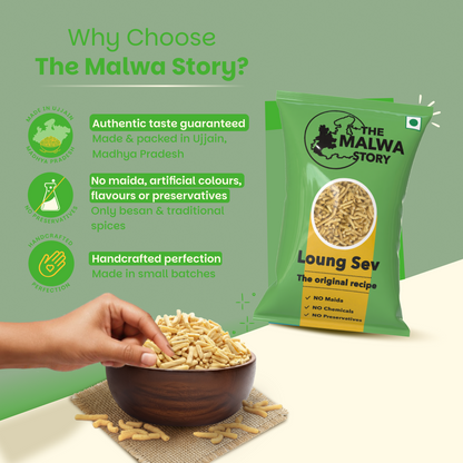 Green packaging of 'The Malwa Story' with a bowl of Loung Sev on a light green background