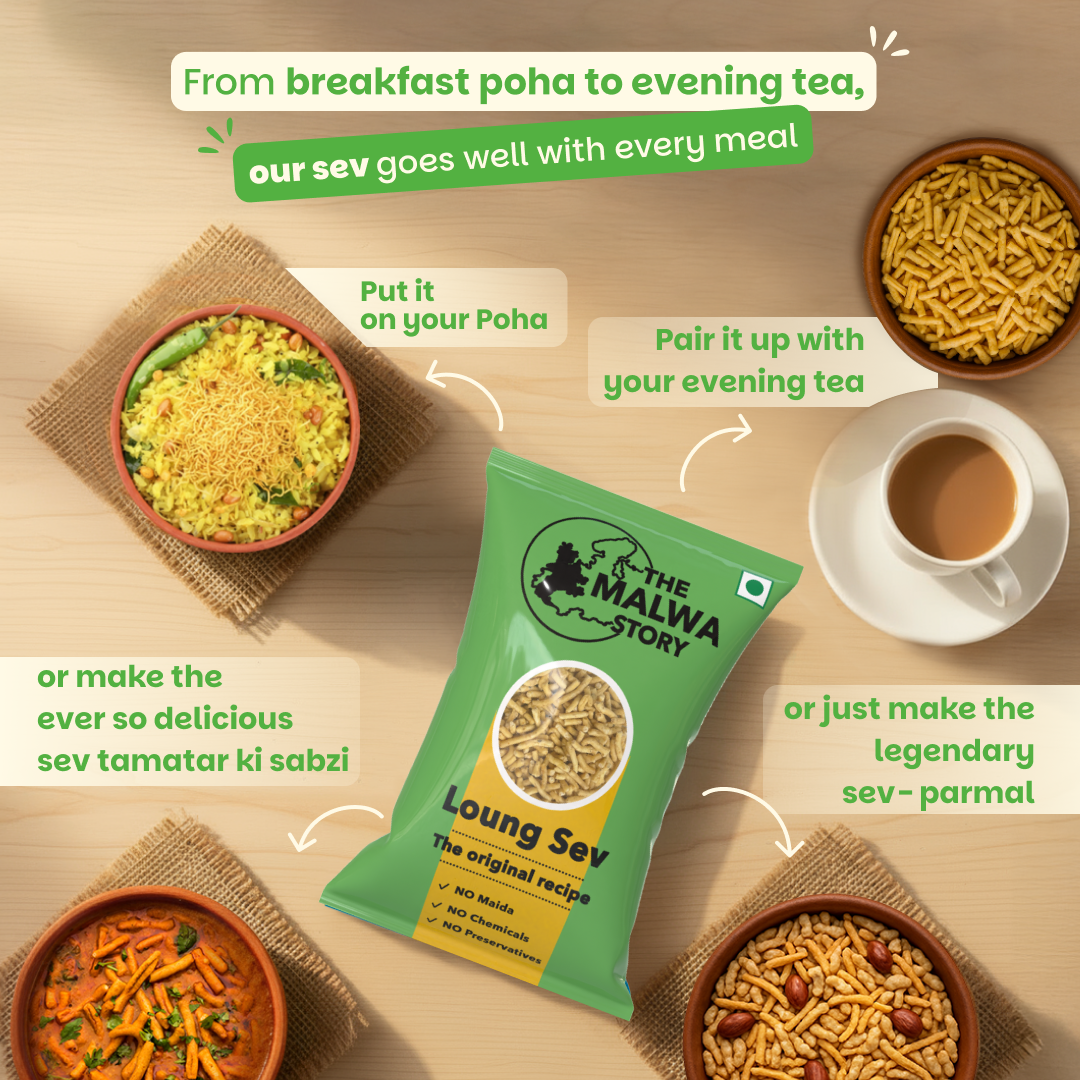 Promotional image of 'The Malwa Story' loung sev with various meal suggestions on a wooden surface.