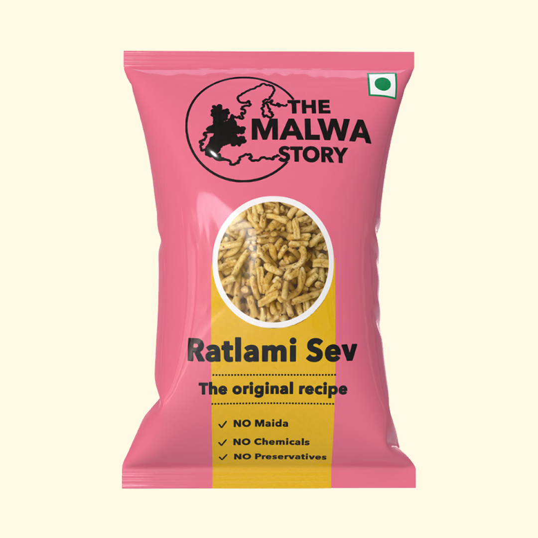 Pink packaging of Ratlami Sev with 'The Malwa Story' branding on a white background