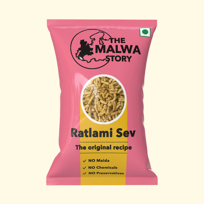 Pink packaging of Ratlami Sev with 'The Malwa Story' branding on a white background