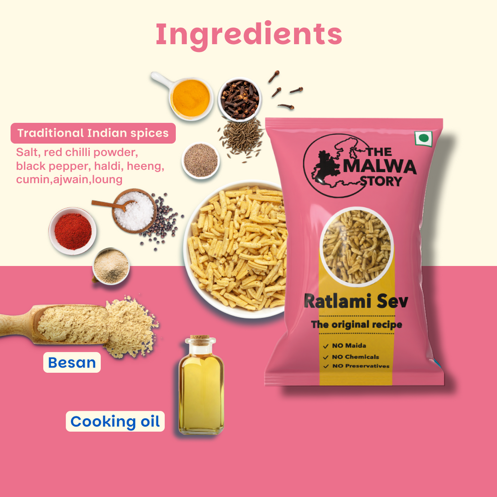 Ratlami Sev packaging with ingredients on a pink background