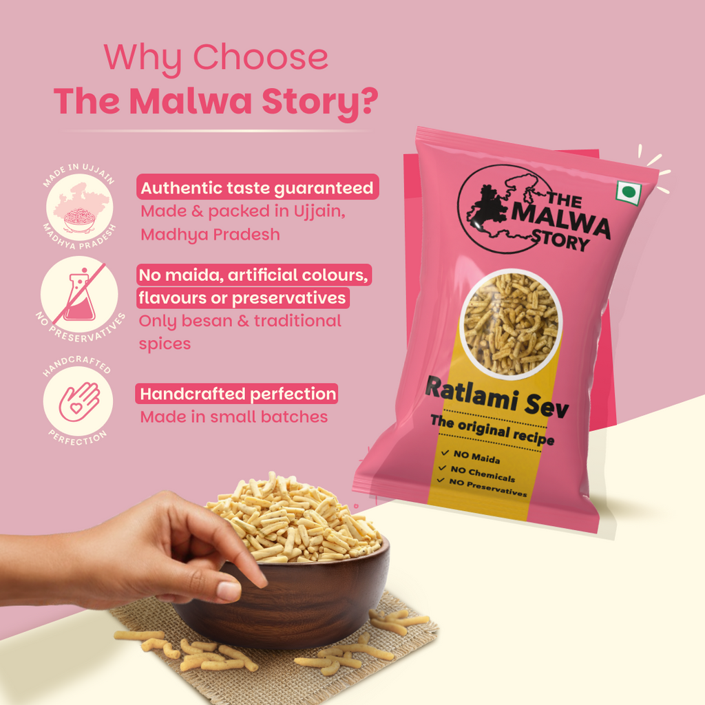 Pink packaging of 'The Malwa Story' with a bowl of Ratlami Sev on a pink background