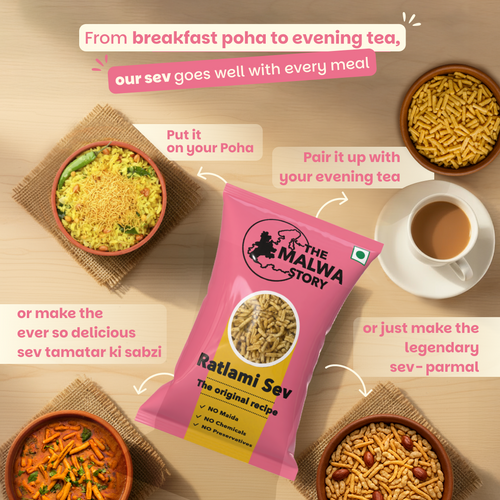 Pink packet of Ratlami Sev with images of meals and text on a wooden surface