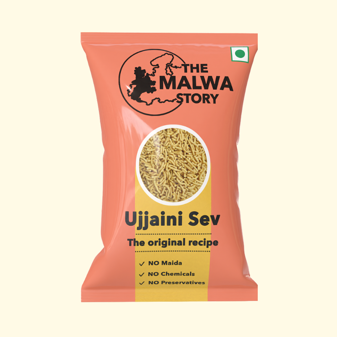 Packaged Ujjaini Sev with 'The Malwa Story' branding on a white background