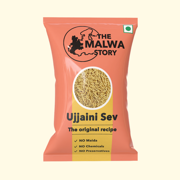 Packaged Ujjaini Sev with 'The Malwa Story' branding on a white background