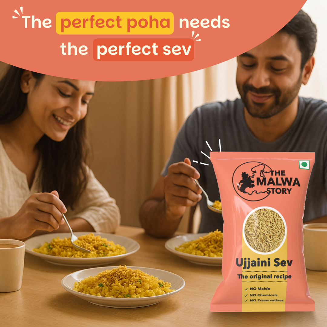 Couple enjoying a meal together with a Malwa Story Ujjaini Sev package in the foreground.