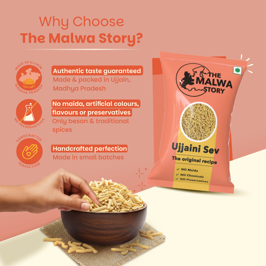 Promotional image of 'The Malwa Story' Ujjaini Sev packaging with a bowl of sev and text highlighting features.