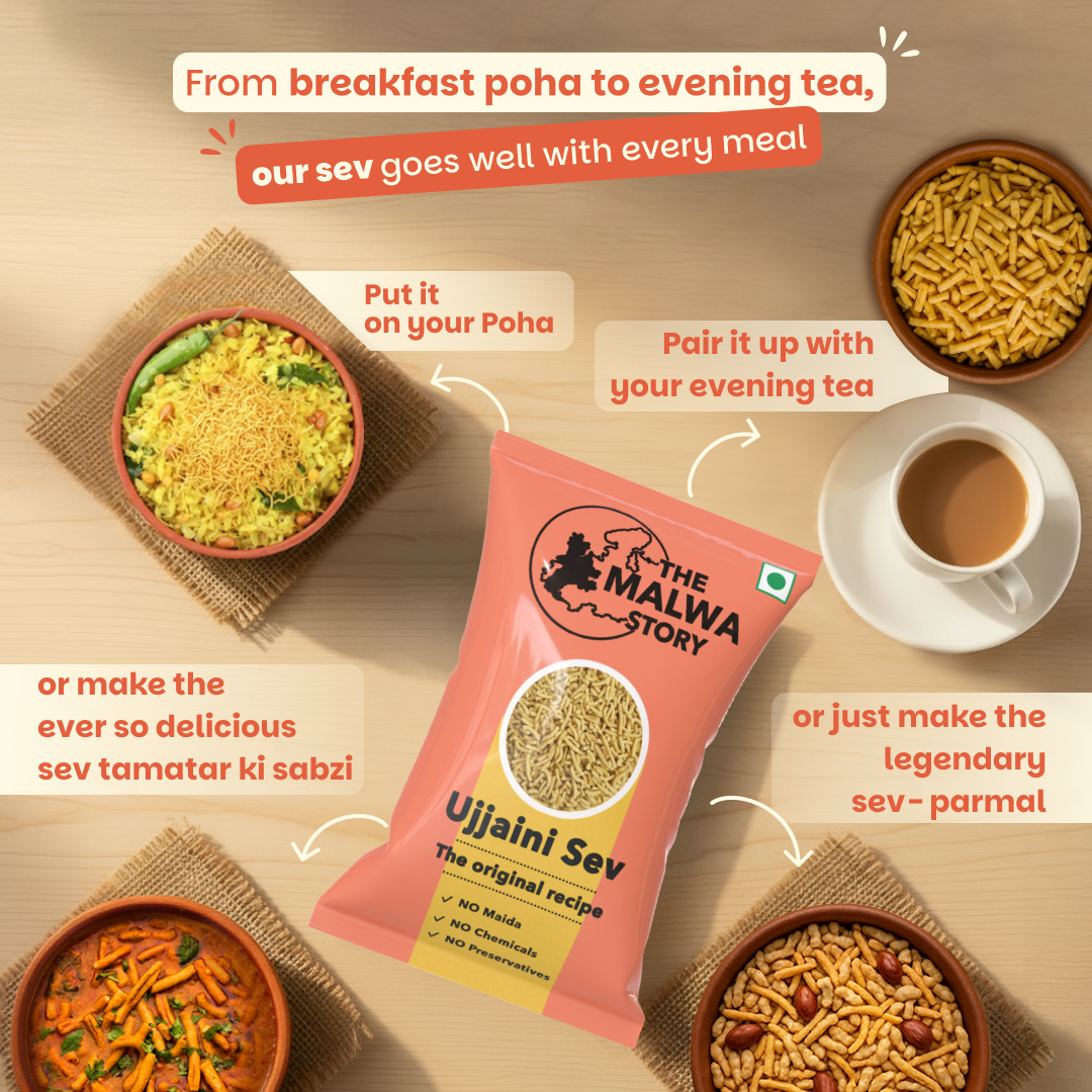 Ujjaini Sev packaging with various dishes and text on a wooden surface